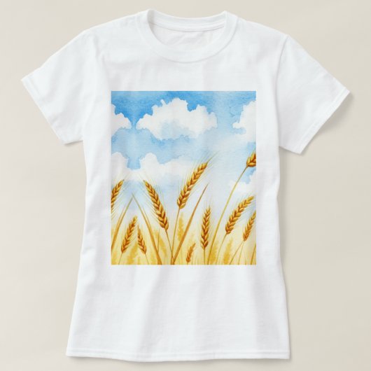 水彩画の麦畑のイラスト Tシャツ (デザイン正面)