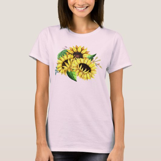 水彩画の黄色いひまわりの花束 Tシャツ (正面)