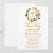 水彩画の黄色いバラの花輪　初めての聖体拝領 招待状 (正面/裏面)