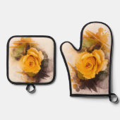 水彩画の黄色いバラ 鍋つかみ&鍋敷きセット (正面)