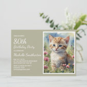 水彩画の黄色い仔猫 80歳の誕生日 招待状 (スタンド正面)
