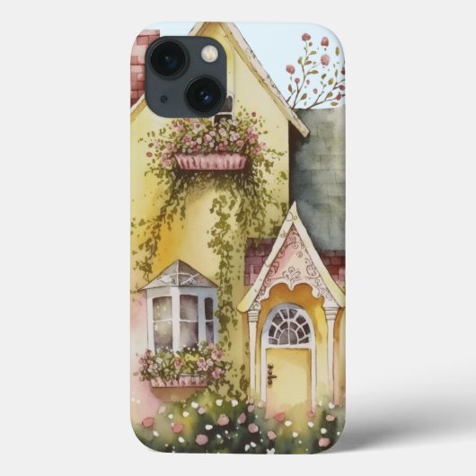 水彩画の黄色い家 花の植え込み ガーデン スイート Case-Mate iPhoneケース (裏面)