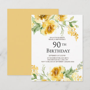 水彩画の黄色い花と緑の葉の90歳の誕生日 招待状