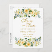 水彩画の黄色く白い花の金ゴールドの保存日付 案内ポストカード (正面/裏面)