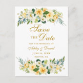 水彩画の黄色く白い花の金ゴールドの保存日付 案内ポストカード (正面)