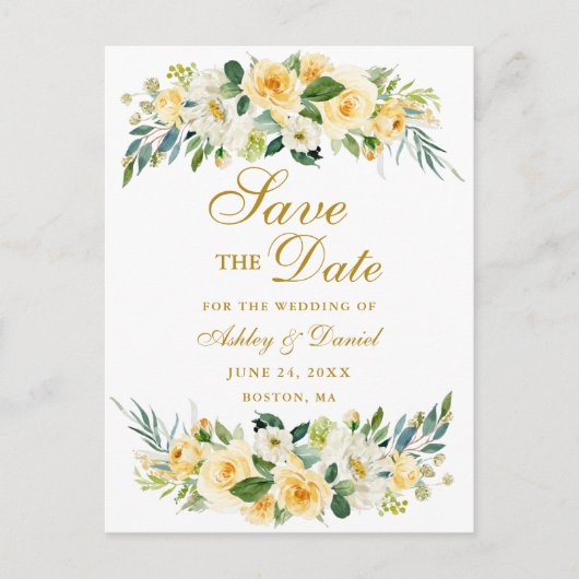 水彩画の黄色く白い花の金ゴールドの保存日付 案内ポストカード (正面)