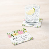 水彩画の黄色とピンクの花のブライダルシャワー スクエアペーパーコースター (インサイチュ)