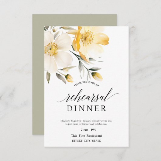 水彩画の黄色と白の花の結婚式の予行食事会 招待状 (正面/裏面)