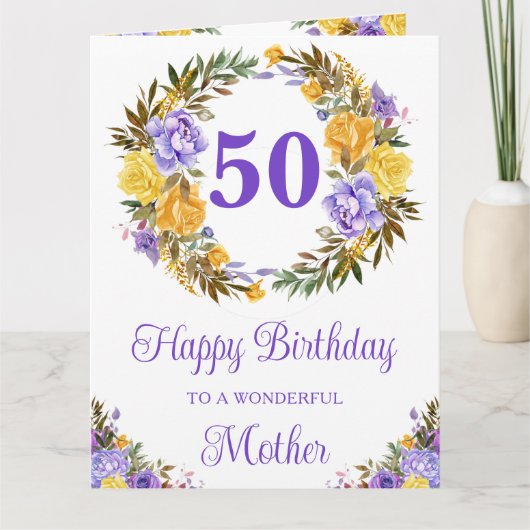 水彩画の黄色と紫の花の誕生日 カード (正面)