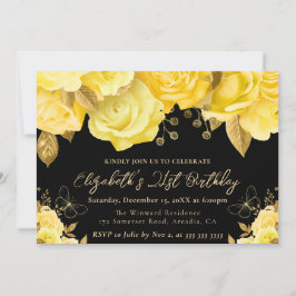 水彩画の黄色と金色の花 21歳の誕生日 招待状