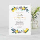 水彩画の黄色のレモンとオリーブの誕生日 招待状 (スタンド正面)