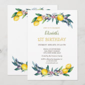 水彩画の黄色のレモンとオリーブの誕生日 招待状 (正面/裏面)