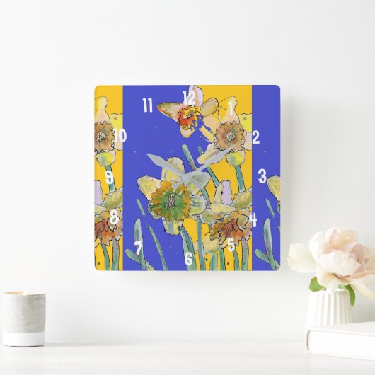 水彩画の黄色の水仙の女性用オフィスクロック スクエア壁時計 (ホーム)