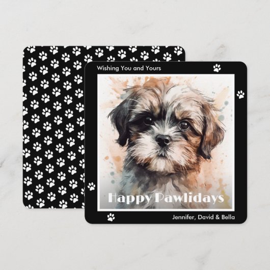 水彩画の黒いシーズー犬のクリスマス シーズンカード (正面/裏面)