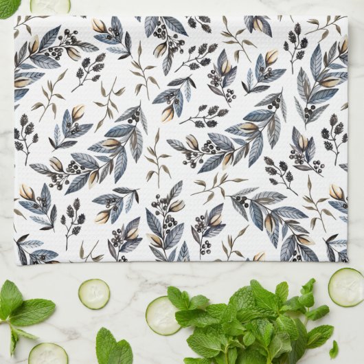 水彩画の黒い灰色のタンの葉および果実| キッチンタオル (折り畳み)