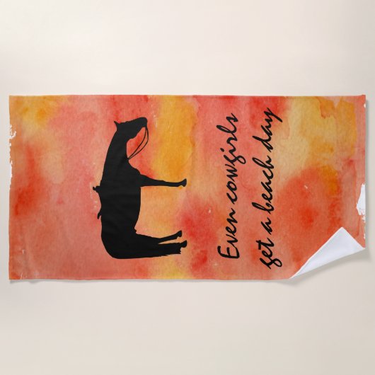 水彩画の黒い西部の馬のシルエット ビーチタオル (正面)