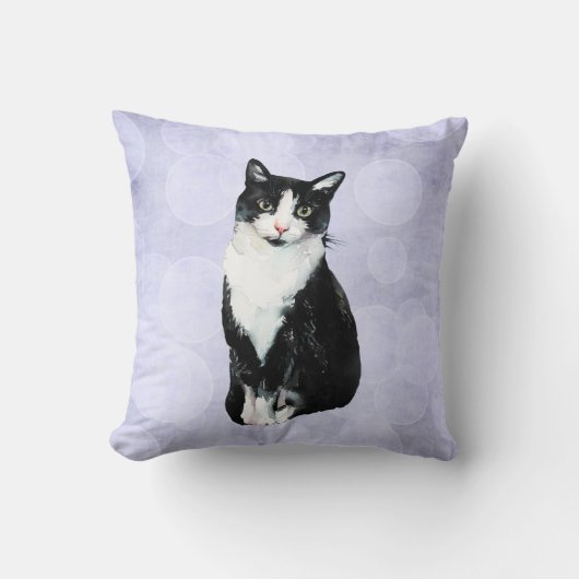 水彩画の黒く及び白いタキシード猫 クッション (正面)