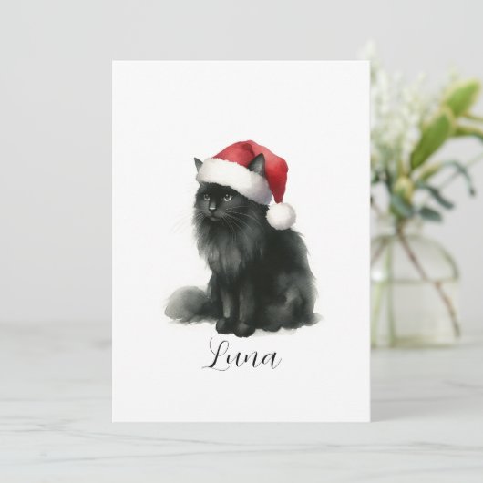 水彩画の黒猫がサンタの帽子をかぶったフェスティブなクリスマスカード シーズンカード (スタンド正面)