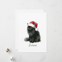 水彩画の黒猫がサンタの帽子をかぶったフェスティブなクリスマスカード シーズンカード