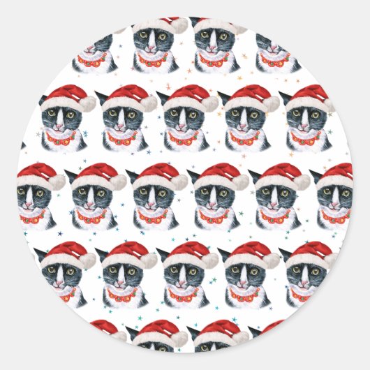 水彩画の黒白ネコのクリスマス ラウンドシール (正面)