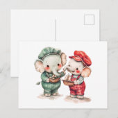 水彩画の2頭の象と船 ポストカード (正面/裏面)