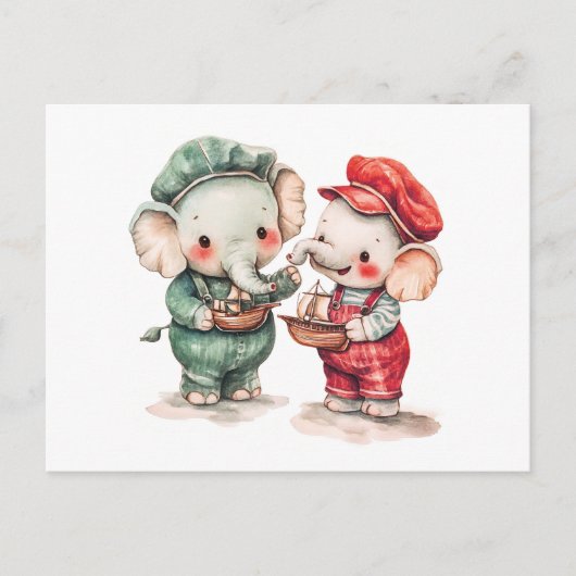 水彩画の2頭の象と船 ポストカード (正面)