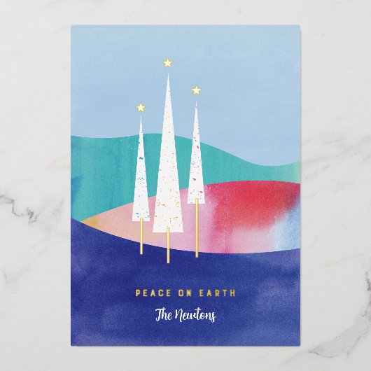 水彩画の3つの木のホリデーカード（箔仕上げ） 箔シーズンカード (正面)