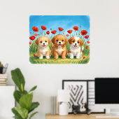 水彩画の3匹のかわいい子犬と赤いポピー ポスター (ホームオフィス)