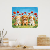 水彩画の3匹のかわいい子犬と赤いポピー ポスター (キッチン)