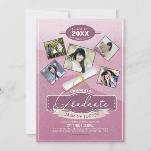 水彩画の5枚の写真Episode Pink ID892 招待状 (正面)