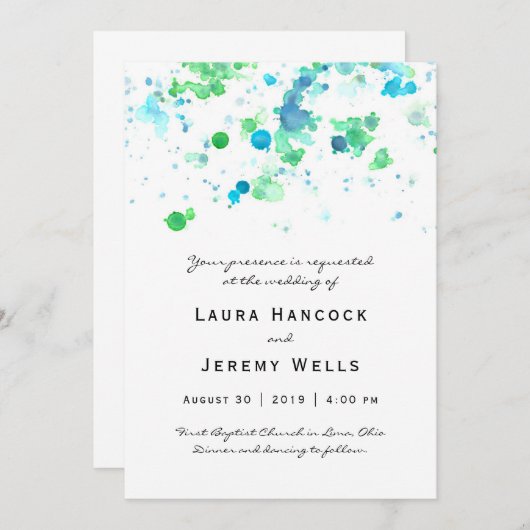 水彩画の（ばちゃばちゃ）跳ねるの結婚式招待状 招待状 (正面/裏面)