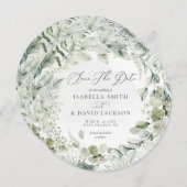 水彩画の sage green の葉のユーカリの円 セーブザデート (正面/裏面)