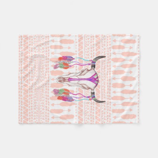 水彩画のBullのスカルの羽および矢のアズテック人 フリースブランケット (正面(横))