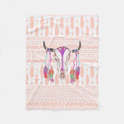 水彩画のBullのスカルの羽および矢のアズテック人 フリースブランケット (正面)