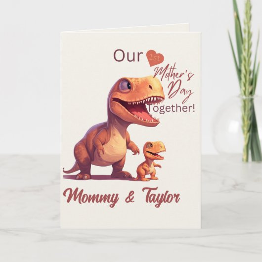 水彩画のT-Rexと赤ちゃん 最初の母の日 カード (正面)