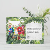 水彩画のT-Rex恐竜の誕生日パーティーの写真 サンキューカード (スタンド正面)