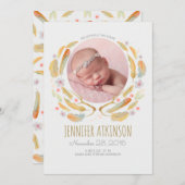 水彩画は枝角の花のBohoのベビーの誕生に羽をつけます 案内状 (正面/裏面)