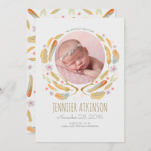 水彩画は枝角の花のBohoのベビーの誕生に羽をつけます 案内状 (正面/裏面)