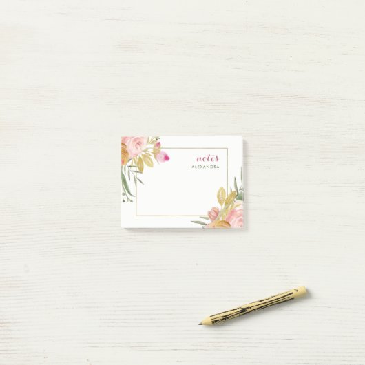 水彩画は白の|のピンクそして金ゴールドの花柄咲きます ポストイット (デスク上)