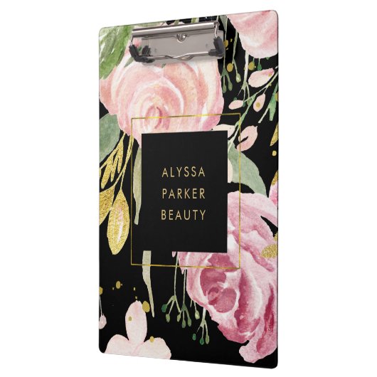 水彩画は黒の|のピンクそして金ゴールドの花柄咲きます クリップボード (左)