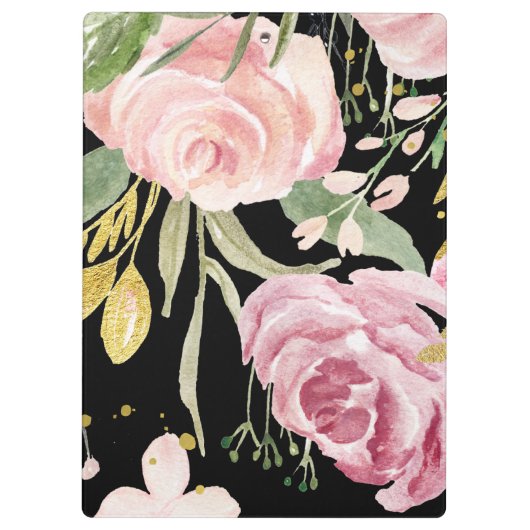 水彩画は黒の|のピンクそして金ゴールドの花柄咲きます クリップボード (裏面)