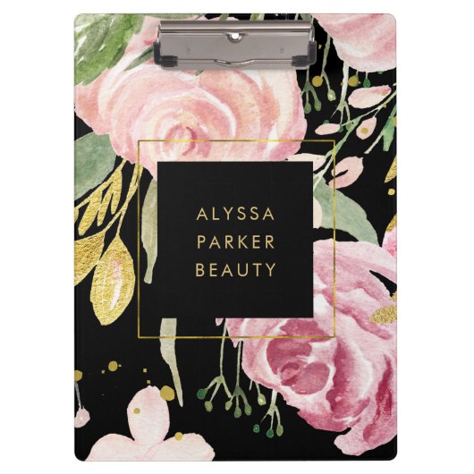 水彩画は黒の|のピンクそして金ゴールドの花柄咲きます クリップボード (正面)