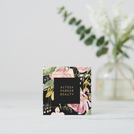水彩画は黒の|のピンクそして金ゴールドの花柄咲きます スクエア名刺 (スタンド正面)