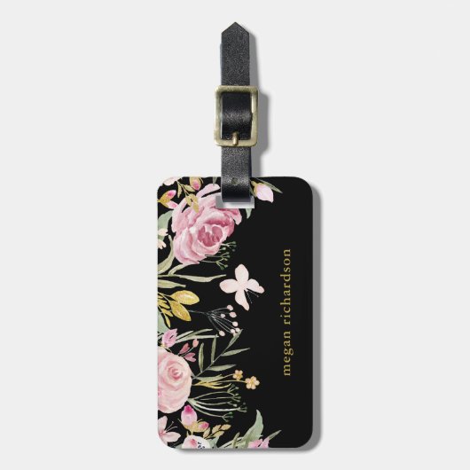 水彩画は黒の|のピンクそして金ゴールドの花柄咲きます ラゲッジタグ (正面縦)