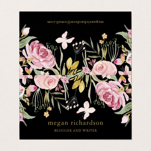 水彩画は黒の|のピンクそして金ゴールドの花柄咲きます 名刺 (外部フラット)