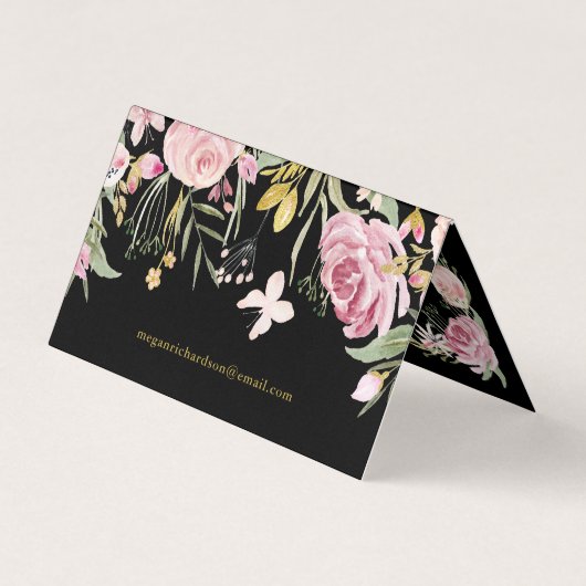 水彩画は黒の|のピンクそして金ゴールドの花柄咲きます 名刺 (裏面)