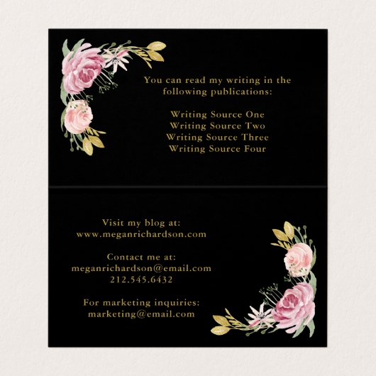 水彩画は黒の|のピンクそして金ゴールドの花柄咲きます 名刺 (内部フラット)