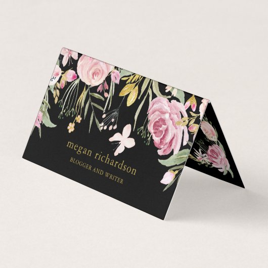 水彩画は黒の|のピンクそして金ゴールドの花柄咲きます 名刺 (正面)