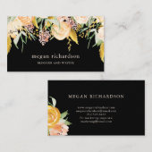 水彩画は黒の|の金ゴールドそしてモモの花柄咲きます 名刺 (正面/裏面)