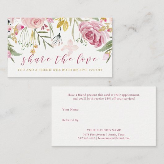 水彩画は|のピンクおよび金ゴールドの花柄の紹介咲きます 紹介カード (正面/裏面)